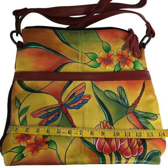 Anuschka NEVER USED Handpainted Leather Tote Shoulder Dragonfly Floral - Picture 5 of 13